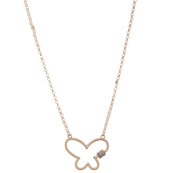 Rhinestone Carabiner Butterfly Necklace.

- Pendant 1.25"
- Approximately 18" L 
- 3" Adjustable Extender