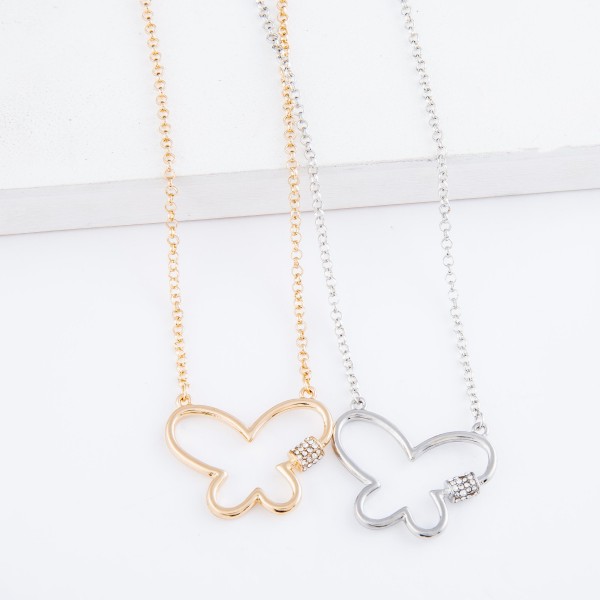 Rhinestone Carabiner Butterfly Necklace.

- Pendant 1.25"
- Approximately 18" L 
- 3" Adjustable Extender