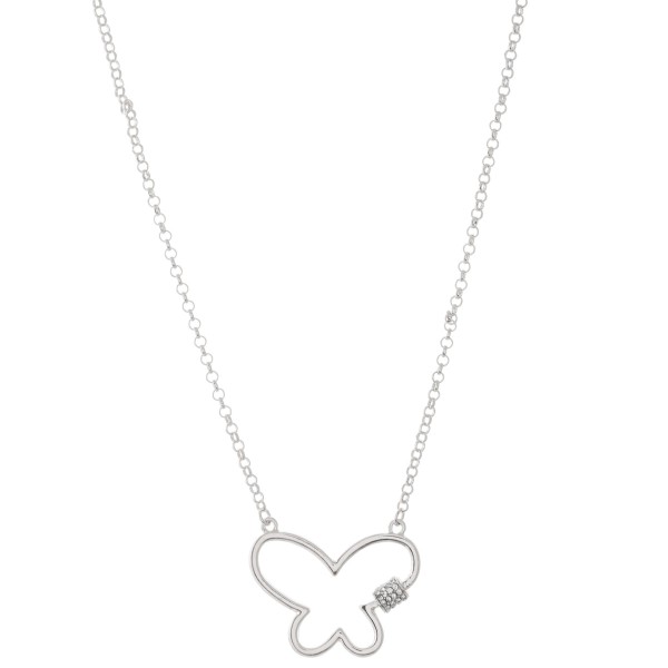 Rhinestone Carabiner Butterfly Necklace.

- Pendant 1.25"
- Approximately 18" L 
- 3" Adjustable Extender