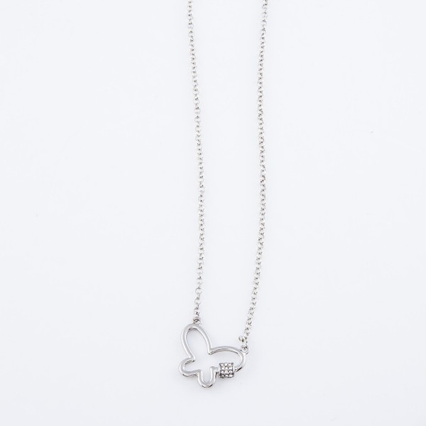 Rhinestone Carabiner Butterfly Necklace.

- Pendant 1" 
- Approximately 18" L
- 3" Adjustable Extender