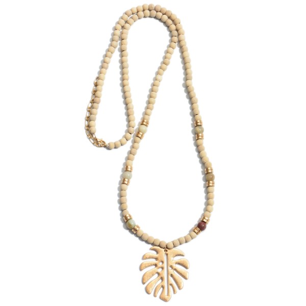 Wholesale long Wood Beaded Palm Leaf Necklace Semi Precious Details Pendant Adju