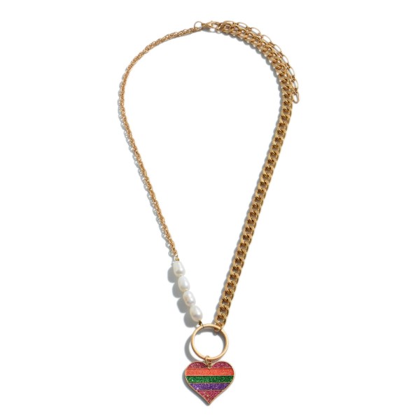 Wholesale two Chain Pearl Beaded Necklace Gold Epoxy Glitter Heart Ring Pendant