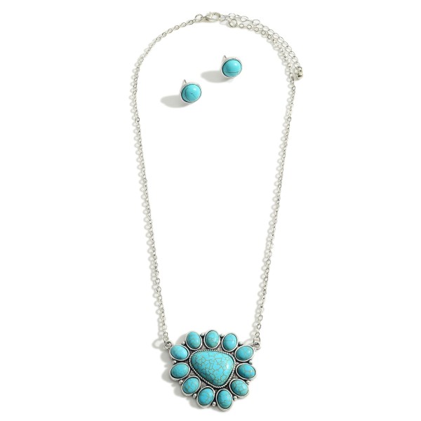 Wholesale turquoise Pendant Necklace Earring Set Silver Toned Turquoise extender