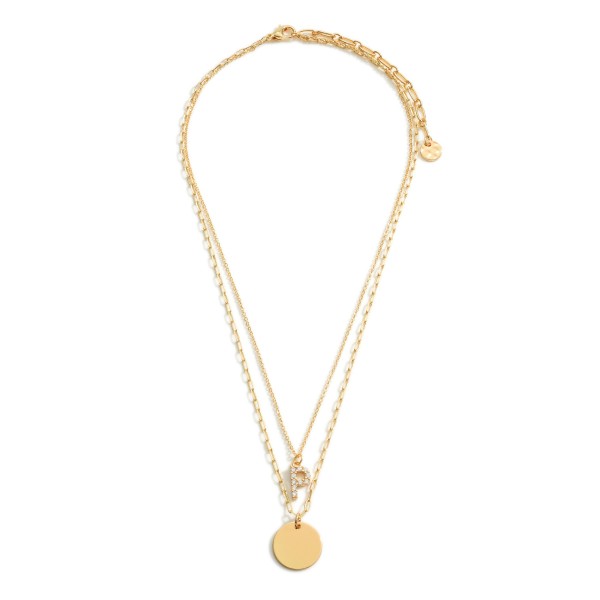 Layered Chain Link Necklace Featuring CZ Initial Pendant and Round Gold Pendant. 

- Approximately 18" Long 