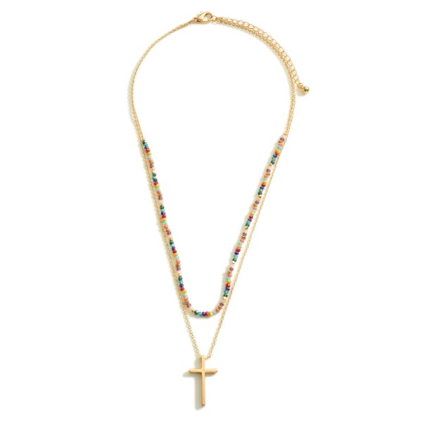 Wholesale layered Gold Necklace Cross Pendant Beaded Accents Extender