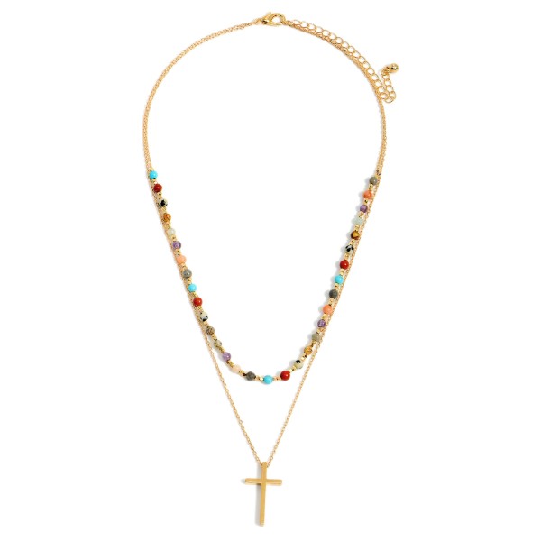 Wholesale double Stranded Necklace Beaded Accents Cross Pendant Long