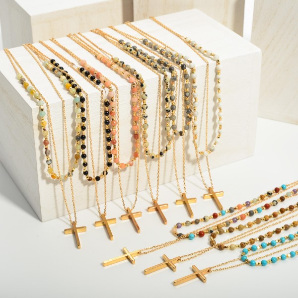 Double-Stranded Necklace Featuring Beaded Accents and Cross Pendant. 
- Approximately 18" Long