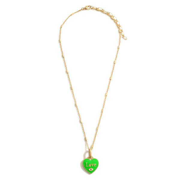 Gold Necklace Featuring a Heart Pendant that Says "Love"

- Approximately 9.5" in Length
Long Wooden Beaded Necklace Featuring Gold Accents.

- Approximately 15" in Length
- Extender Approximately 3" in Length