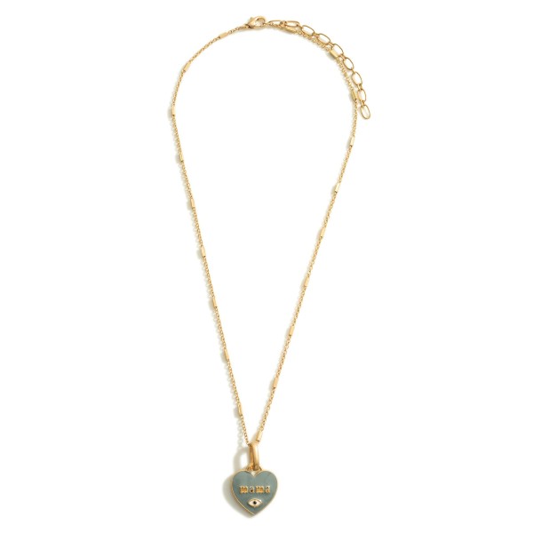 Gold Necklace Featuring a Heart Pendant that Says "Mama"

- Approximately 9.5" in Length
Long Wooden Beaded Necklace Featuring Gold Accents.

- Approximately 15" in Length
- Extender Approximately 3" in Length