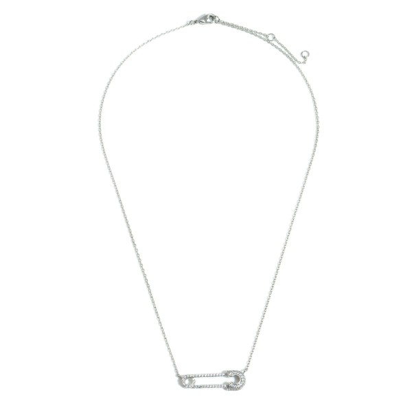 White Gold Dipped Necklace featuring a Rhinestone Safety Pin Charm.

- White Gold Dipped
- Adjustable Lengths: 15.5", 16.5", and 17.5"