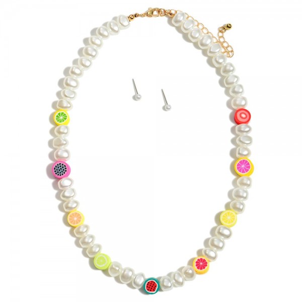 Pearl Necklace Featuring Fruit Bead Accents and Matching Pearl Stud Earrings. 

- Approximately 16" in Length
- Extender Approximately 2.5" in Length