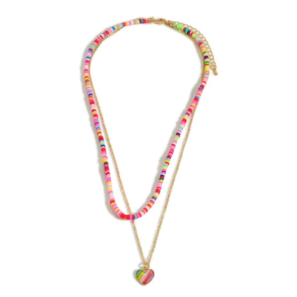 Wholesale multi Colored Heishi Bead Layered Necklace Heart Charm