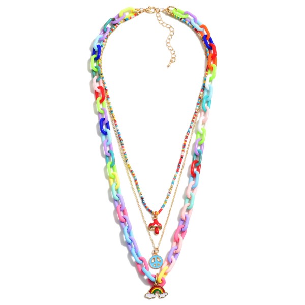 Layered Beaded and Chunky Chain Link Necklace Featuring Rainbow, Mushroom, and Peace Sign Charms

- Approximately 16" Long
- Extender Approximately 3" Long