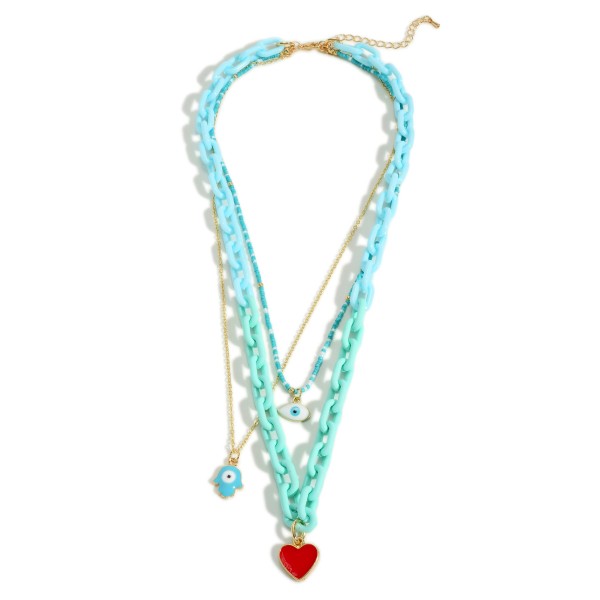 Wholesale acrylic Chain Link Layered Necklace Hamsa Hand Heart Charms Extender