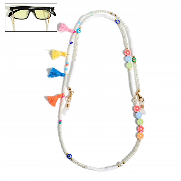 Heishi Bead Glasses/Sunglasses Chain Featuring Flower and Tassel Accents

- Approximately 32" Long