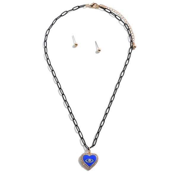 Colored Chain Link Necklace Featuring Evil Eye Heart Pendant With Rhinestone Accents and Gold Stud Earrings

- Approximately 16" Length
- 3" Extender