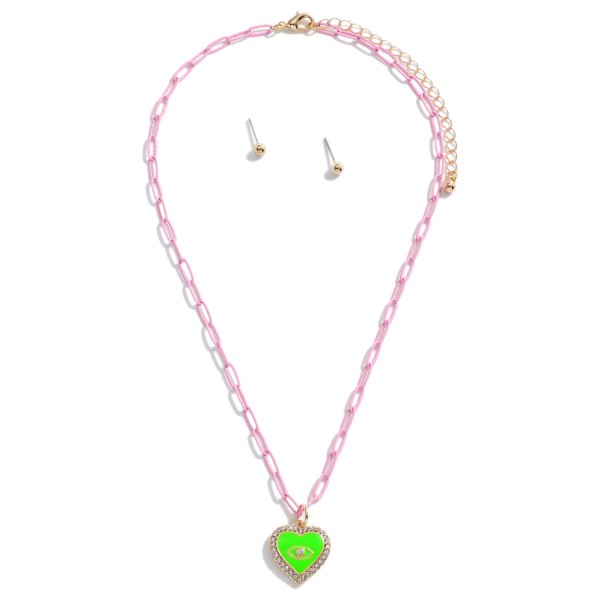 Colored Chain Link Necklace Featuring Evil Eye Heart Pendant With Rhinestone Accents and Gold Stud Earrings

- Approximately 16" Length
- 3" Extender