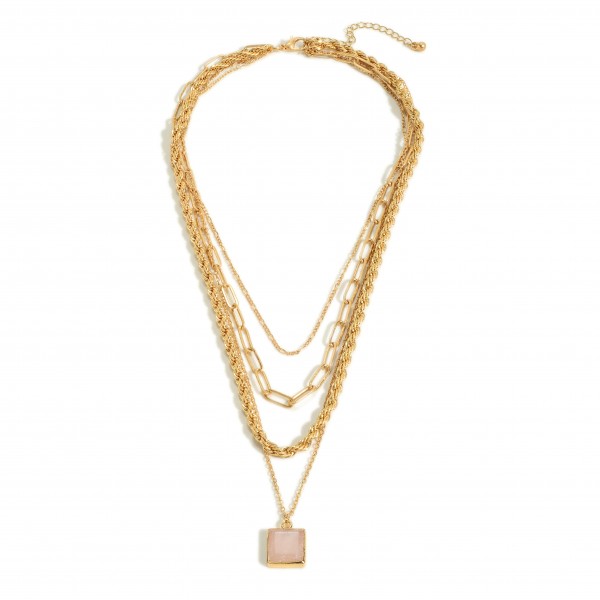 Layered Chain Link Necklace Featuring Natural Stone Pendant

- Approximately 22" Long
- Extender Approximately 3" Long