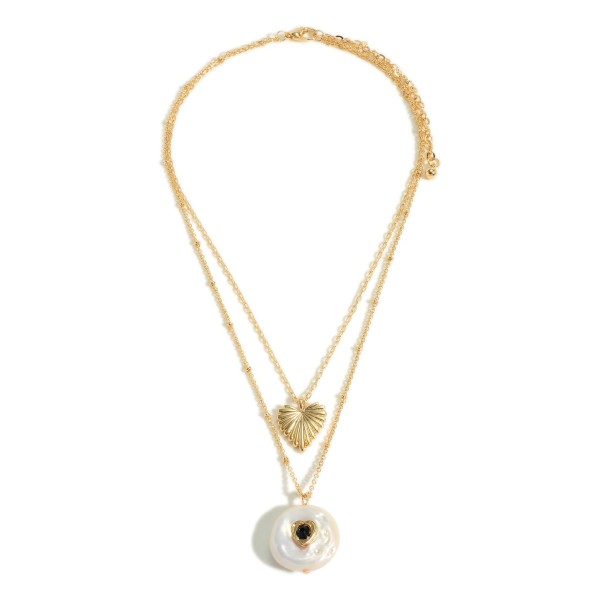 Gold Tone Layered Necklaces Featuring Heart Charm and Freshwater Pearl Pendant With Rhinestone Heart

- Approximately 14" - 16" Length