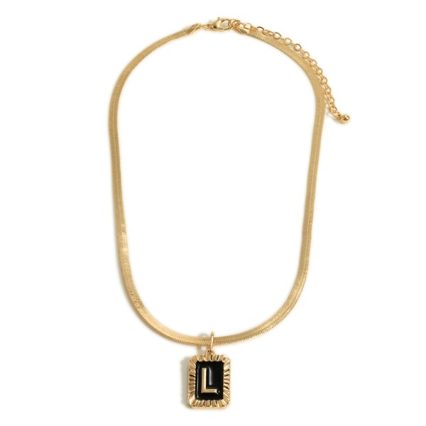 Gold Tone Herringbone Chain Necklace Featuring Letter 'L' Initial Charm

- Approximately 16" Long
- Extender Approximately 3" Long