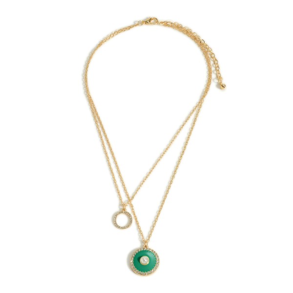 Wholesale gold Layered Necklace Pearl Rhinestone Accents Enameled Circle Pendant