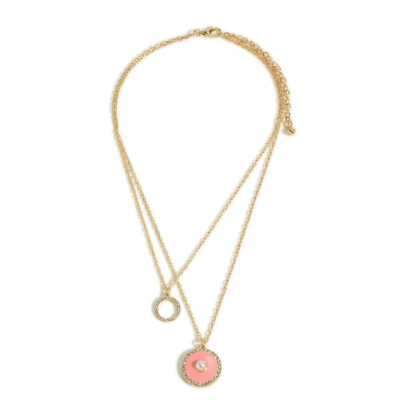 Gold Tone Layered Necklace With Pearl and Rhinestone Accents Featuring Enameled Circle Pendant

- Approximately 14" - 16" Length