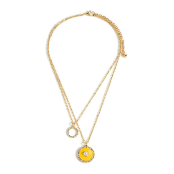 Wholesale gold Layered Necklace Pearl Rhinestone Accents Enameled Circle Pendant