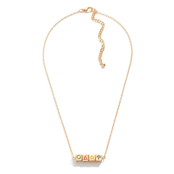 Circle - Triangle - Star - Umbrella Cube Bead Gold Tone Necklace

- Approximately 16" Length
- 2" Extender