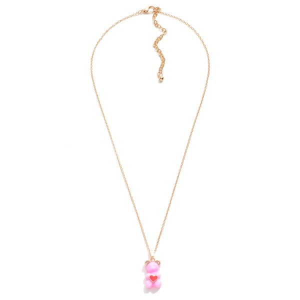 Short Gold Tone Necklace Featuring Candy Bear Charm With Rhinestone Accents and Enamel Heart

- Approximately 16" Length
- 3" Extender