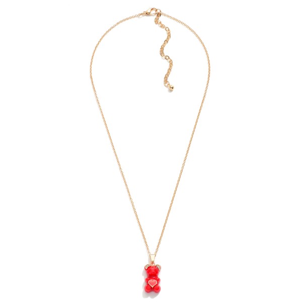 Short Gold Tone Necklace Featuring Candy Bear Charm With Rhinestone Accents and Enamel Heart

- Approximately 16" Length
- 3" Extender