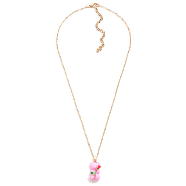 Short Gold Tone Necklace Featuring Candy Bear Charm With Rhinestone Accents and Enamel Rose

- Approximately 16" Length
- 3" Extender