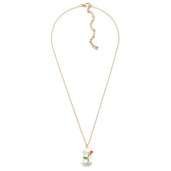 Short Gold Tone Necklace Featuring Candy Bear Charm With Rhinestone Accents and Enamel Rose

- Approximately 16" Length
- 3" Extender