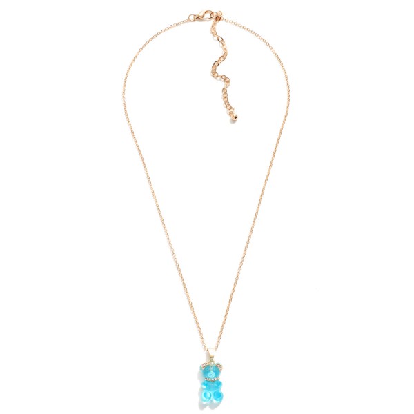 Short Gold Tone Necklace Featuring Candy Bear Charm With Rhinestone Accents

- Approximately 16" Length
- 3" Extender