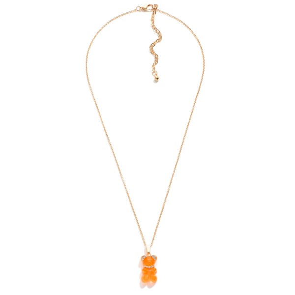 Short Gold Tone Necklace Featuring Candy Bear Charm With Rhinestone Accents

- Approximately 16" Length
- 3" Extender