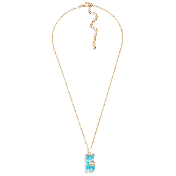 Short Gold Tone Necklace Featuring Candy Bear Charm With Pearl and Rhinestone Accents

- Approximately 16" Length
- 3" Extender