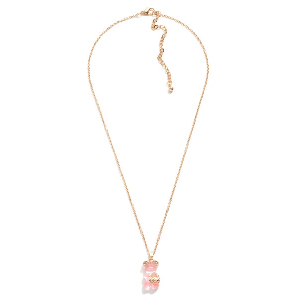 Short Gold Tone Necklace Featuring Candy Bear Charm With Pearl and Rhinestone Accents

- Approximately 16" Length
- 3" Extender