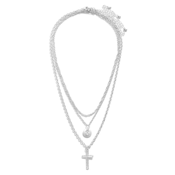 Three Piece Silver Tone Chain Link Necklace Set Featuring Cross