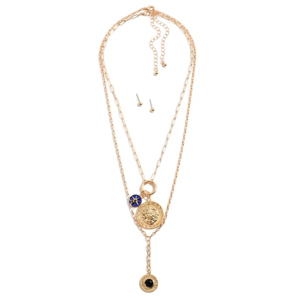 Set Of Two Gold Tone Chain Link Layering Necklaces Featuring Charms With Stud Earrings

- Approximately 10.5" & 13.5" Length Both With 3" Extender