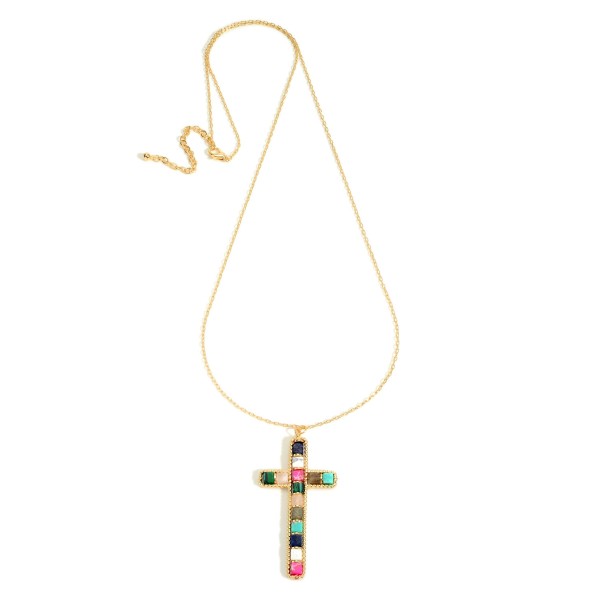 Wholesale long Chain Link Necklace Cross Pendant Semi Precious Stone Inlay Long