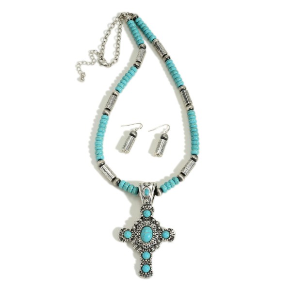 Wholesale long Turquoise Beaded Necklace Silver Turquoise Cross Pendant Silver W