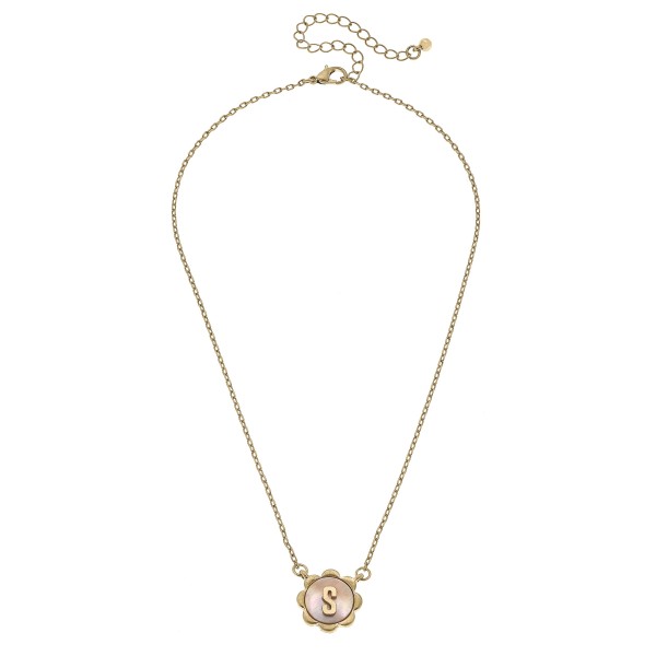 Gold Tone Chain Link Initial Necklace With Flower Border  

- Pendant Approximately 0.75" Diameter 
- Chain Approximately 14" L
- Chain Extender Approximately 2" 