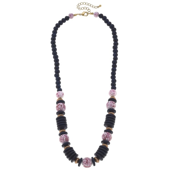 Fuschia Chinoiserie And Wood Bead Necklace 

- Approximately 24" L
- Chain Extender Approximately 2" L