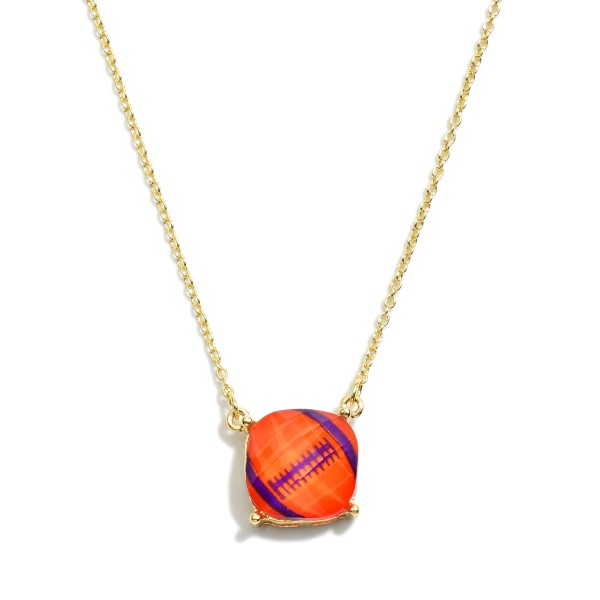 Chain Link Necklace Featuring Rhinestone Orange And Purple Football Pendant 

- Approximately 14" L
- Extender 2" L
- Pendant Approximately 0.5" Diameter 