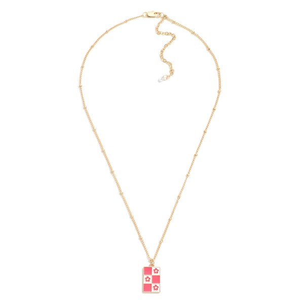 Gold Tone Chain Link Necklace Featuring Enamel Flower Checker Pendant.

- Approximately 16" L
- Extender 2.5" L