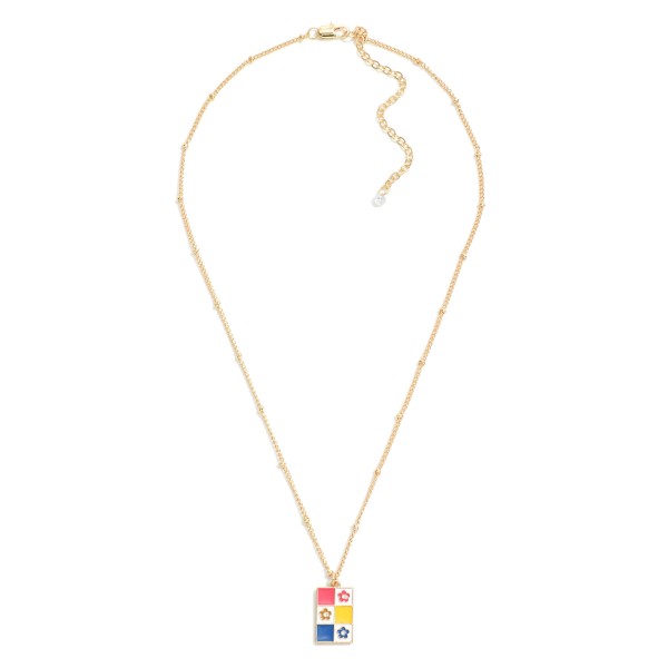 Wholesale gold Chain Link Necklace Enamel Flower Checker Pendant L Extender L