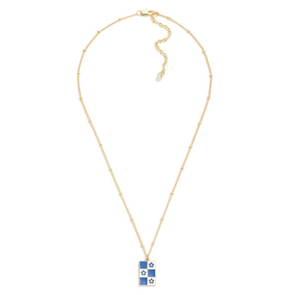 Gold Tone Chain Link Necklace Featuring Enamel Flower Checker Pendant.

- Approximately 16" L
- Extender 2.5" L