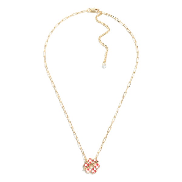 Chain Link Necklace Featuring Checkered Enamel Flower Charm and T Closure.

- Approximately 16" L