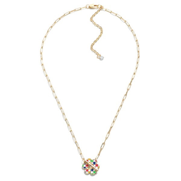 Wholesale chain Link Necklace Checkered Enamel Flower Charm T Closure L