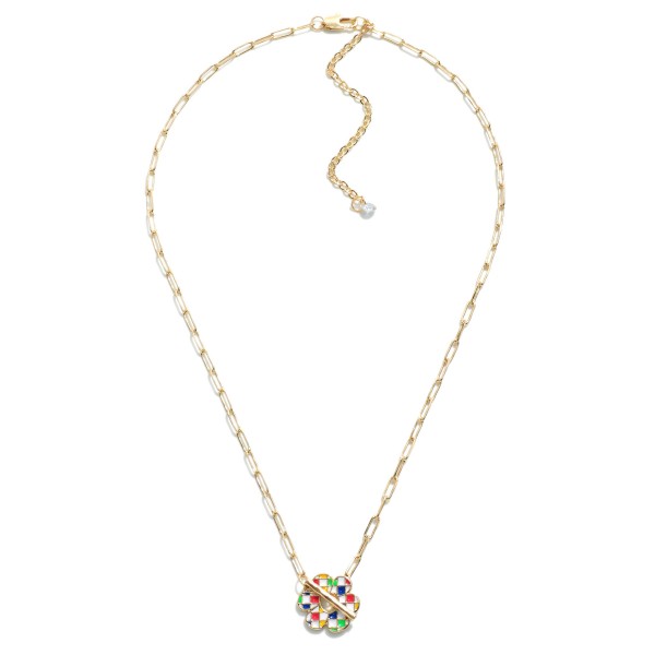 Chain Link Necklace Featuring Checkered Enamel Flower Charm and T Closure.

- Approximately 16" L