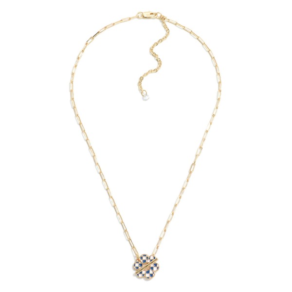 Chain Link Necklace Featuring Checkered Enamel Flower Charm and T Closure.

- Approximately 16" L